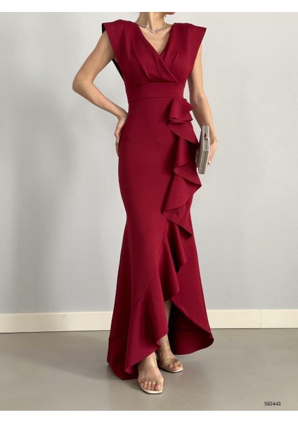 Kadın Bordo Krep Kumaş Kruvaze Yaka Eteği Volanlı Abiye Mezuniyet Nikah Elbise fiyatları