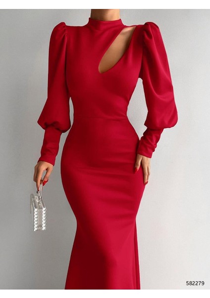 Bisiklet Yaka Balon Uzun Kollu Göğüs Detay Ithal Scuba Kumaş Maxi Boy Abiye Elbise fiyatları