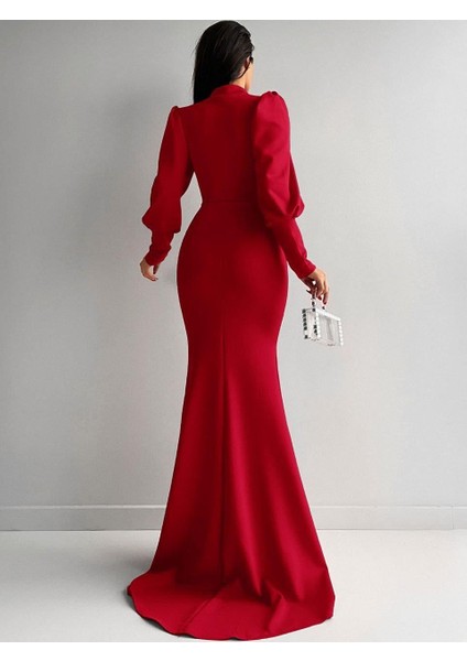 Bisiklet Yaka Balon Uzun Kollu Göğüs Detay Ithal Scuba Kumaş Maxi Boy Abiye Elbise modelleri