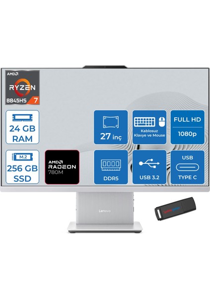 Ideacentre Aıo 27ARR9 Amd Ryzen 7 8845HS 24GB Ddr5 256GB SSD Freedos Radeon 780M 27 Inç Fhd (1920X1080) IPS 300NITS Bulut Gri All In One Bilgisayar ICF0HQ007MTRF06 + Zetta Flash Bellek