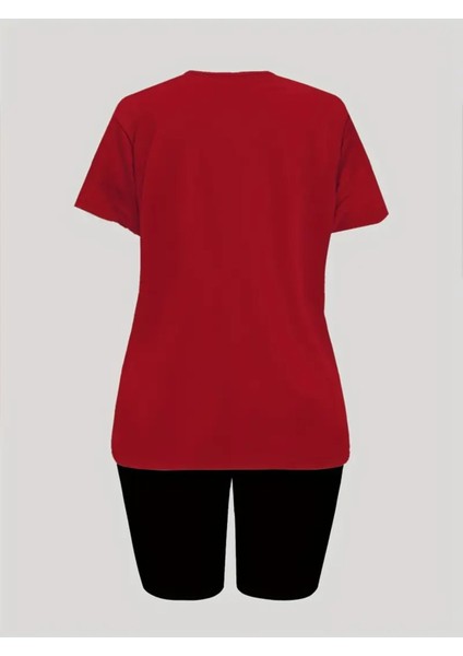 Kadın Kalp Baskılı Penye T-Shirt, Scuba Dalgıç Kısa Tayt Takım Salaş Kombin (Tayt Tişört Takım) indirimleri