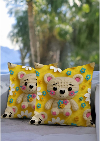 Gri Sevimli Ayıcık Çocuk Odası Temalı Dijital Baskılı Dekoratif 2li Kırlent Kılıfı