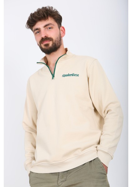 Kontrast Fermuarlı Dik Yaka Sweatshirt , Şardonlu 3 Iplik , Göğüs Nakış Detaylı,sweatshirt Erkek