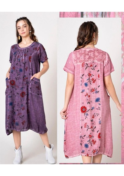 Kadın Turkuaz Renk Organik Pamuk Dokuma Taşlanmış Kısa Kollu Elbise