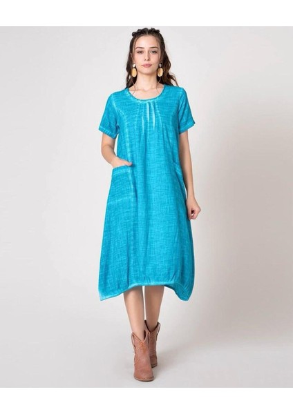Kadın Turkuaz Renk Organik Pamuk Dokuma Taşlanmış Kısa Kollu Elbise fiyatları