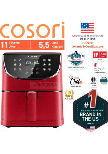 Kırmızı 5,5l Xxl Dijital Sıcak Hava Fritözü, LED Dokunmatik Ekranlı