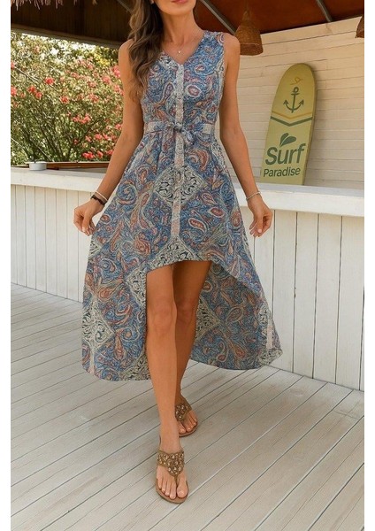 Kadın Kolsuz V Yakalı Desenli Süprem Tulum Elbise