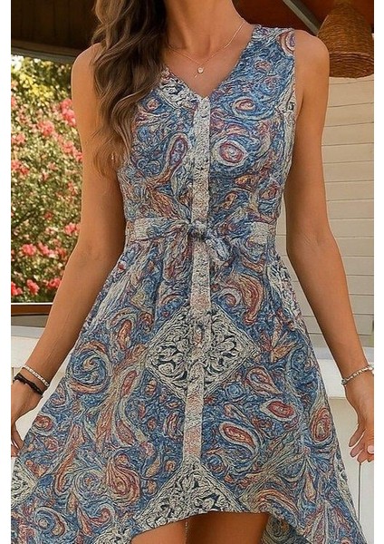 Kadın Kolsuz V Yakalı Desenli Süprem Tulum Elbise fiyatları