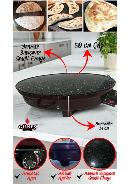 2000W Termostatlı 50 cm Granit Emaye Sac, Ekmek, Gözleme, Börek, Katmer Için