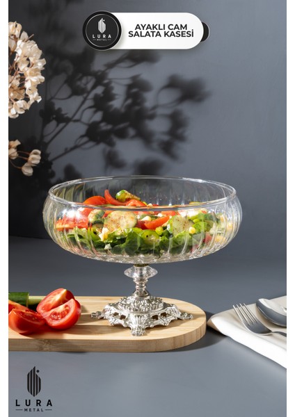 El Yapımı Ayaklı Gümüş Cam Salata Kasesi, Büyük Boy, Şık ve Dekoratif Tasarım