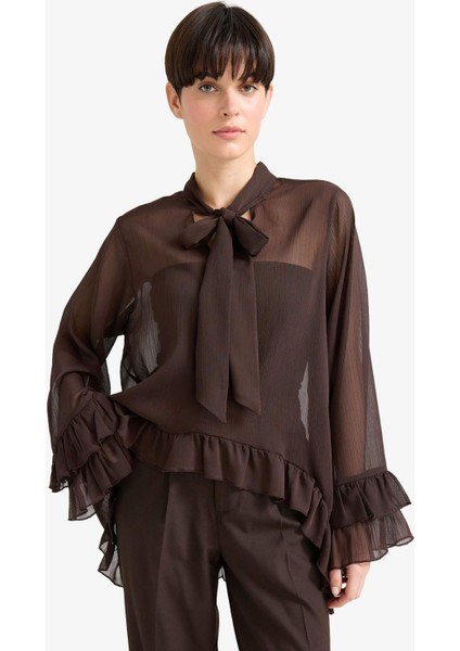 Overshirt Fit Fiyonk Yaka Şifon Uzun Kollu Bluz G2378AX25AU