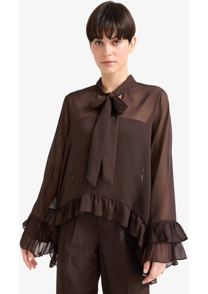 Overshirt Fit Fiyonk Yaka Şifon Uzun Kollu Bluz G2378AX25AU modelleri