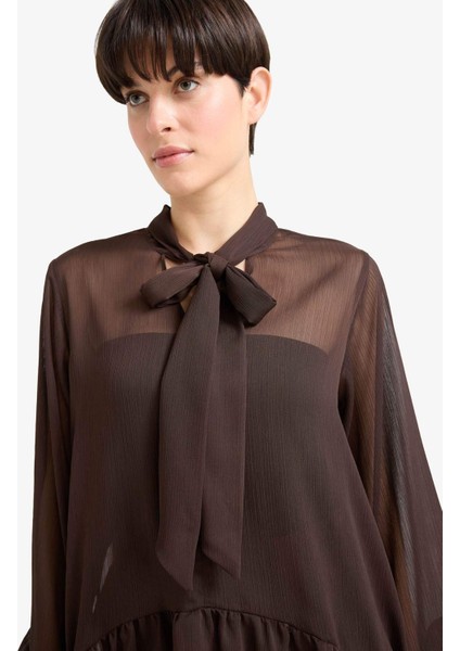 Overshirt Fit Fiyonk Yaka Şifon Uzun Kollu Bluz G2378AX25AU fırsatları