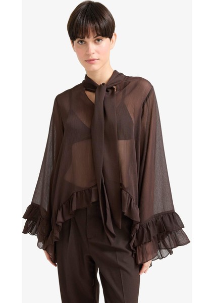 Overshirt Fit Fiyonk Yaka Şifon Uzun Kollu Bluz G2378AX25AU indirimleri