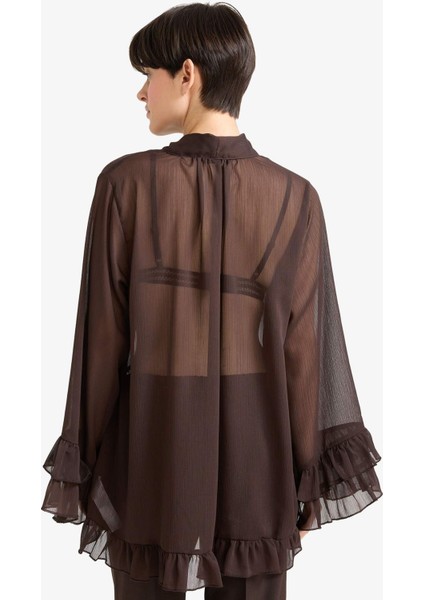 Overshirt Fit Fiyonk Yaka Şifon Uzun Kollu Bluz G2378AX25AU