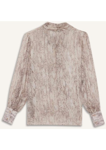 Regular Fit Fiyonk Yaka Yılan Desenli Şifon Uzun Kollu Bluz G1701AX25AU