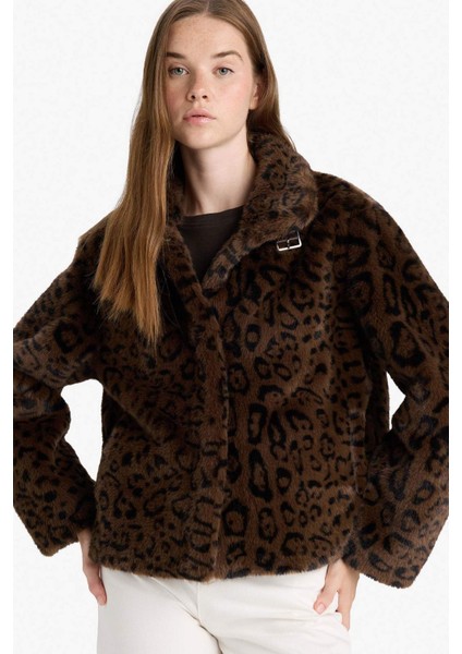 Regular Fit Leopar Desenli Kısa Suni Kürk F2924AX25WN