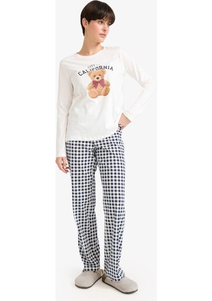 Pijama Takımı Regular Fit Ayıcık Baskılı Uzun Kollu Üst Kareli Uzun Alt-Fall in Love G2169AX25AU fiyatları