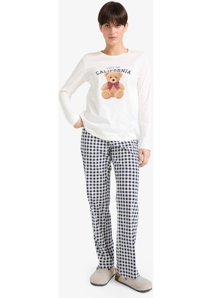 Pijama Takımı Regular Fit Ayıcık Baskılı Uzun Kollu Üst Kareli Uzun Alt-Fall in Love G2169AX25AU modelleri