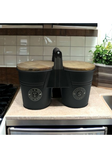 Ahşap ve Metal Kapaklı Şeker, Çay ve Bakliyat Kovası Seti 30X16 cm