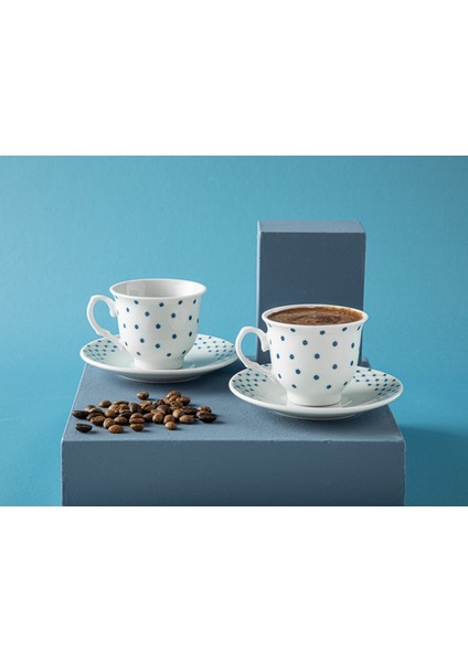 4 Parça Kahve Fincan Takımı, 80 Ml, Mavi, 2 Kişilik, Porselen, Şık ve Zarif Tasarım
