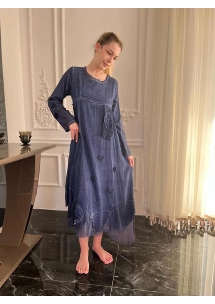 Lacivert Taşlanmış Pamuk Antik Görünümlü Uzun Kollu Elbise