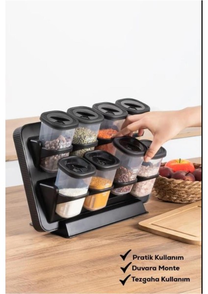 Siyah 8'li Tezgah Üstü Baharat Takımı, Yapışkanlı ve Duvara Monte Kolay Kullanım