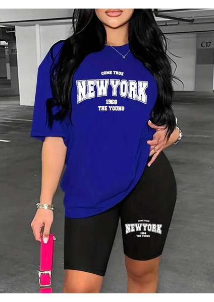 Kadın New York Baskılı T-Shirt, Scuba Dalgıç Kısa Tayt Takım ( Tayt Tişört Takım )