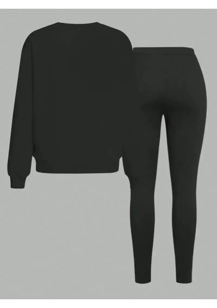 Kadın Siyah Tayt - Sweatshirt Takım 2'li Kombin Oversize Salaş Boyfriend modelleri