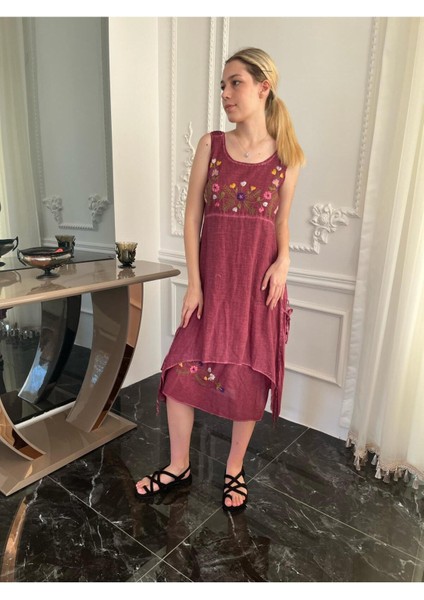 Kadın Organik Kolsuz Nakışlı Uzun Otantik Elbise fırsatları