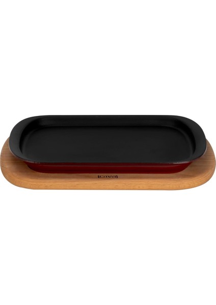 Döküm Dikdörtgen Servis Tabağı ve Kayın Servis Ahşabı. Ölçü 32X20CM.-BORDO