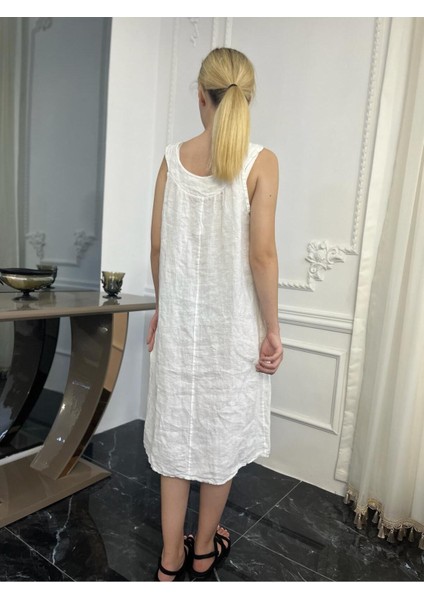 Kadın Beyaz Kolsuz Keten Elbise