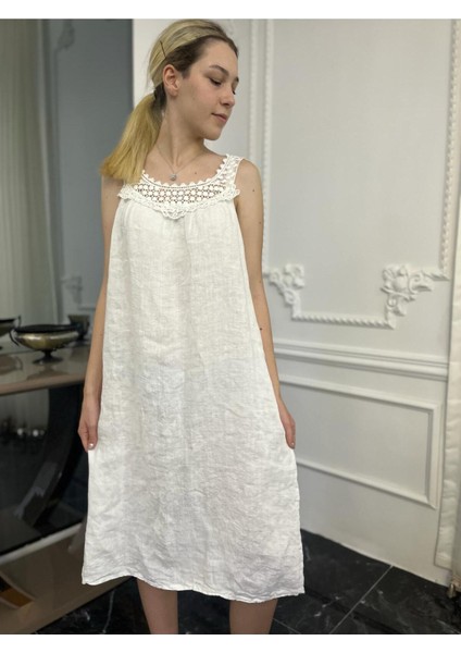 Kadın Beyaz Kolsuz Keten Elbise fiyatları