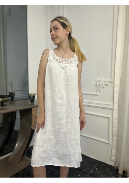 Kadın Beyaz Kolsuz Keten Elbise fırsatları