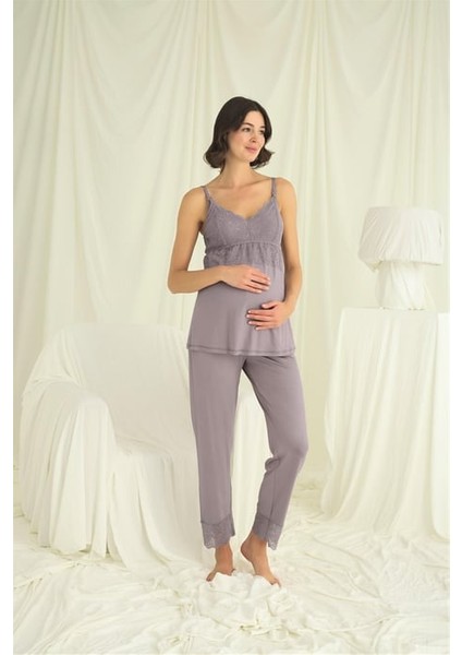 Monamise Dantelli Hamile Lohusa 3'lü Pijama Takımı
