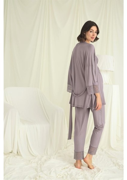 Monamise Dantelli Hamile Lohusa 3'lü Pijama Takımı