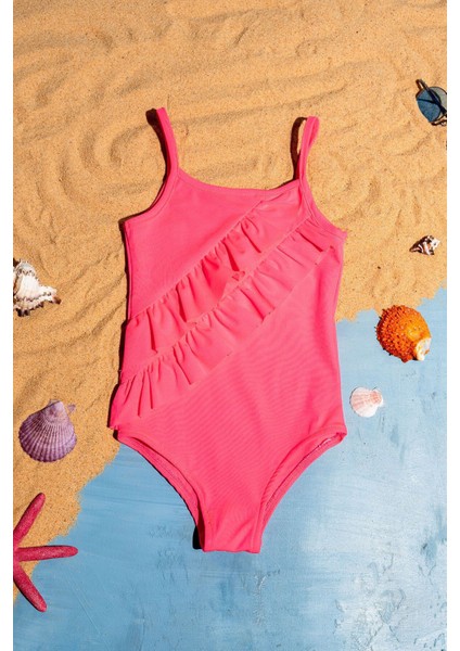 Fırfır Detaylı Renkli Kız Çocuk Mayo