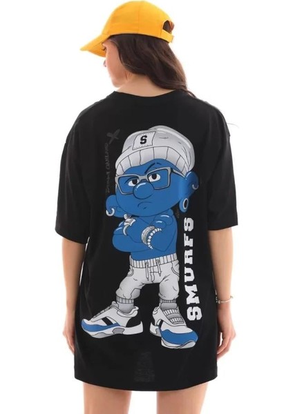 Unisex Bisiklet Yaka Baskılı Oversize T-Shirt - Siyah modelleri