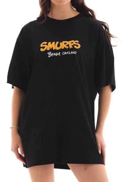 Unisex Bisiklet Yaka Baskılı Oversize T-Shirt - Siyah indirimleri