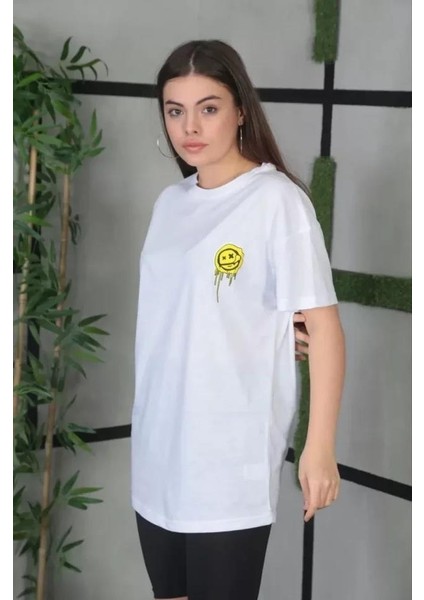 Unisex Bisiklet Yaka Baskılı Oversize T-Shirt - Beyaz fırsatları