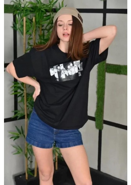 Unisex Bisiklet Yaka Baskılı Oversize T-Shirt - Siyah fiyatları