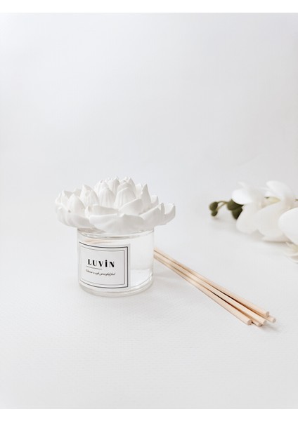 Beyaz Gül Büyük Seramik / Taş Çiçek Oda Kokusu 50 ml