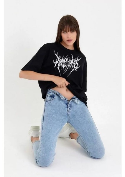 Unisex Bisiklet Yaka Baskılı Oversize T-Shirt - Siyah modelleri