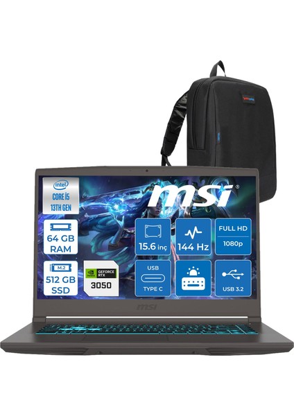 Msı Thin 15 Intel Core I5 13420H 64GB Ddr4 512GB SSD 4GB/RTX3050/45W 15.6" Fhd 144Hz IPS Freedos Taşınabilir Bilgisayar 2868XTRF21 + Zettaçanta