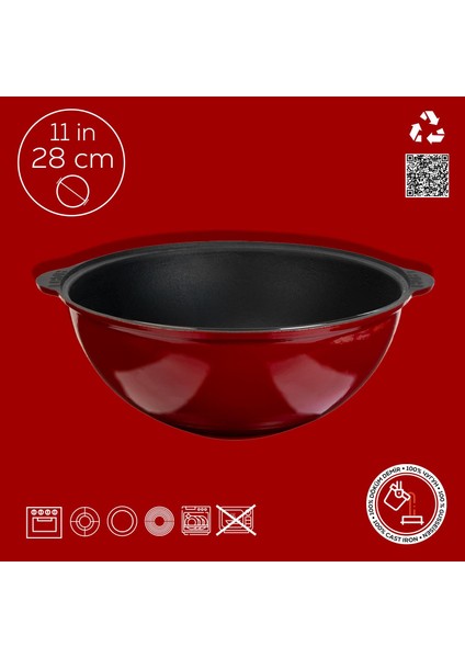 Döküm Yuvarlak Özbek Kazanı / Tencere. Döküm Demir Yekpare Kulplu ÇAP(Ø)28CM.-BORDO fırsatları