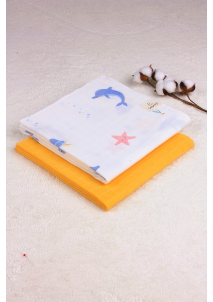 ® Müslin Örtü Bebek Çocuk 2'li Set Okyanus Desenli-Hardal Renk 2 Katlı %100 Organik Pamuk 110X110 cm Unisex
