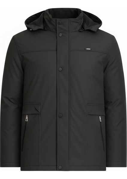 Erkek Siyah %100 Su ve Rüzgar Geçirmez Kürklü Çıkartılabilir Kapüşonlu Mont&kaban