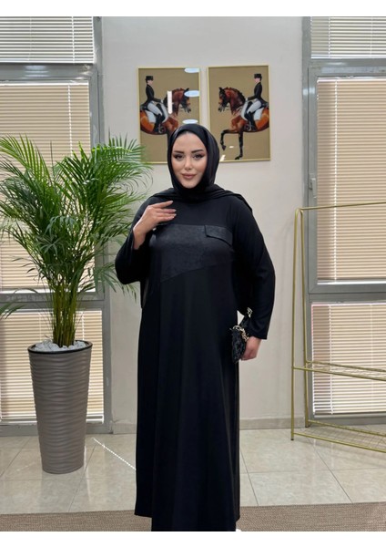 Siyah Renk Deri Şerit Detaylı Fitilli Elbise