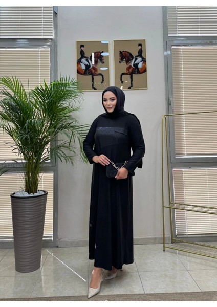 Siyah Renk Deri Şerit Detaylı Fitilli Elbise fiyatları