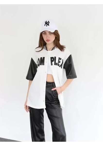 Complex Kolları Deri Kolej Oversize T-Shirt - Beyaz fiyatları